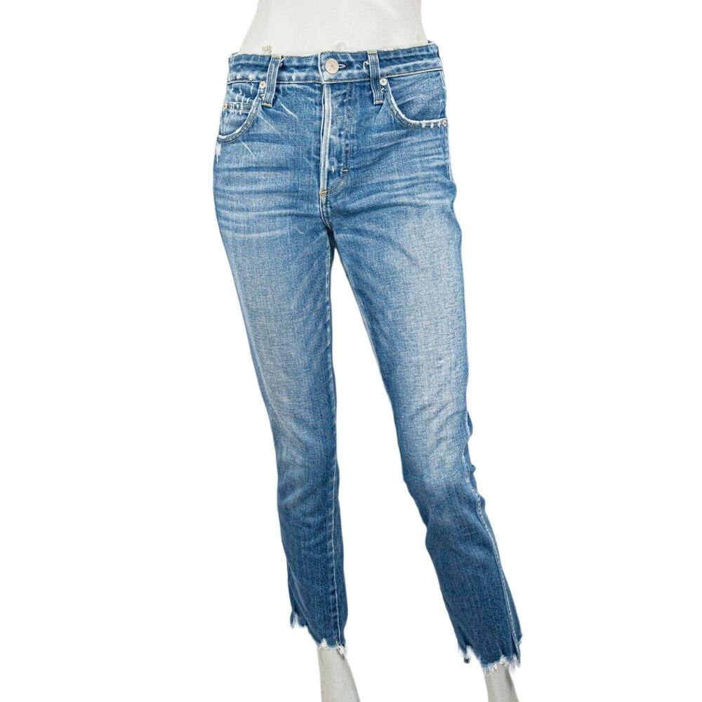 AMO Denim Lover Slim High-Rise Jeans Chewed Hem Blue knockout Size 27 - Picture 3 of 11